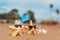 Starfish family with eye glasses on the beach. Summer concept.