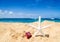 Starfish with gift box on the sandy beach