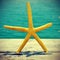 Starfish on an old wooden pier on the sea, with a retro effect