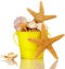 Starfish And Sea Shells In Yellow Beach Bucket