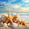 Starfish and Seashells on Sandy Beach