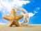 Starfish and welcome sign on beach