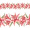 Stargazer Lilies. Pink lily flowers. Watercolor seamless border. Artistic illustration on white background