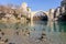 Stari Most Old Bridge panaroma landscape with wild ducks city of Mostar in Bosnia