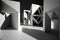 A stark geometric area of geometry using light and shadow to emphasize the harmony of the space. Interior decoration. AI