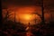 A stark image of a forest ravaged by a recent wildfire. Charred trees and blackened earth dominate the landscape