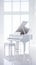 Stark White Wall, Playing Backdrop to Shining White Piano. Generative ai