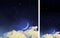 Starlight night background, dark blue sky, new moon in dreamy clouds.