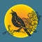 Starling bird sings on a background of the moon