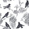 Starlings and flowering branches seamless ornament silhouettes of birds and flowers