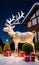 Starlit Sky Above A Reindeer-Shaped Topiary Next To Christmas Presents, Night, Outdoor Garden, Wide-Angle. Generative AI