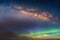 Starry night blue sky on pink sunset nebula  Aurora borealis milky way dramatic clouds cosmic space weather background