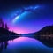 Starry night lake with bright star shine in the sky horizon reflecting on silky lake with splendid natural landscape in