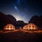 Starry Night Martian Dome Tents under the Wadi Rum Desert Sky. Generative AI