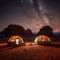 Starry Night Martian Dome Tents under the Wadi Rum Desert Sky. Generative AI