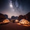 Starry Night Martian Dome Tents under the Wadi Rum Desert Sky. Generative AI