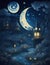 A starry night with modern fantasy city, moonlit, fluffy clouds, 2D, cute, adorable, printable, night scene