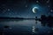 a starry night sky filled with celestial objects and planets, including the moon and its reflection on the water