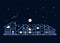 Starry night sky, moon and silhouette of a city with two story houses