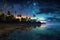 starry night sky over a tranquil island beach