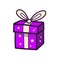 Starry purple present / gift box with a bow on top. Flat vector icon in a hand drawn style.