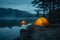 Starry Serenity: Lakeside Camping with a Warm Campfire Glow. Concept Campfire Stories, Stargazing