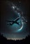 Starry sky with an airplane flying high. AI Generated