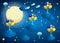 Starry sky with hanging balloons and clouds