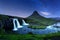 Starry sky on Kirkjufellsfoss waterfall.