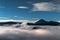 starry sky in the landscape with volcanoes in the clouds, Volcano Bromo National Park