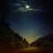 The starry sky, moon and the mountain road by night.