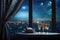 Starry sky through window in the room, Midnight on New Year\\\'s Eve, heartfelt moment