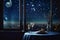 Starry sky through window in the room, Midnight on New Year\\\'s Eve, heartfelt moment