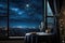 Starry sky through window in the room, Midnight on New Year\\\'s Eve, heartfelt moment