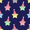 Stars with birthday caps background. Seamless night pattern with sleeping stars for kids holidays.