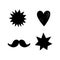 Stars, heart, mustache, icons set, various black isolated shapes, vector illustration.