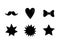 Stars, heart, mustache, icons set, various black isolated shapes, vector illustration.