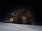 Stars of night sky on dolomites snow panorama wooden hut val badia armentara