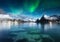 Stars and northern light. Aurora Borealis. Hamnoy village, Lofoten Islands, Norway. Glow on sky. Nature image. Mountains and water