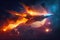 starship flies past fiery nebula, with stars shining in the background