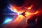 starship flies past fiery nebula, with stars shining in the background