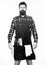 Start barbecue season. Bearded hipster wear apron for barbecue. Tips cooking meat. Tools for roasting meat outdoors. How