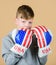 Start boxing career. Boy sportsman wear boxing gloves with usa flag. American boxer concept. Child sporty athlete