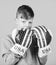 Start boxing career. Boy sportsman wear boxing gloves with usa flag. American boxer concept. Child sporty athlete