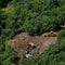 Start of construction in a green forest, top view - July 10, 2020, Moscow, Russia