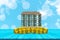Start creating family with top table condominium and coin on white cloud and blue sky background,Dream family concepts