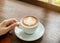 Start The Day with Good Cup of Coffee Concept. Perspective View Business Asian Woman Hand Holding Cup of Cappuccino Coffee