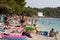 Start of the summer season in Croatia. Popular public beach in Makarska. Overcrowded beach as usual even in times of covid
