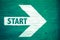 Start text written on white directional arrow pointing right painted on a green wooden signboard background