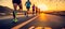 Start up of runner group running on sunrise on road. Generative AI